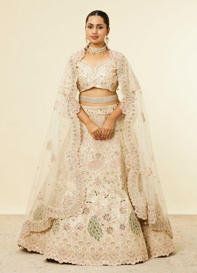 alt message - Mohey Women Dark Cream Floral Patterned Lehenga with Peacock Motifs image number 0